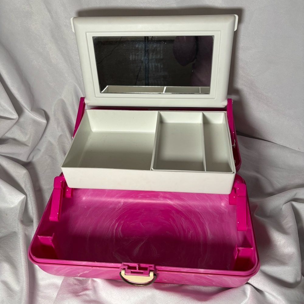 Vintage Caboodles Makeup Case Organizer Pink Marble 90s Y2K Cosmetic Box Mirror